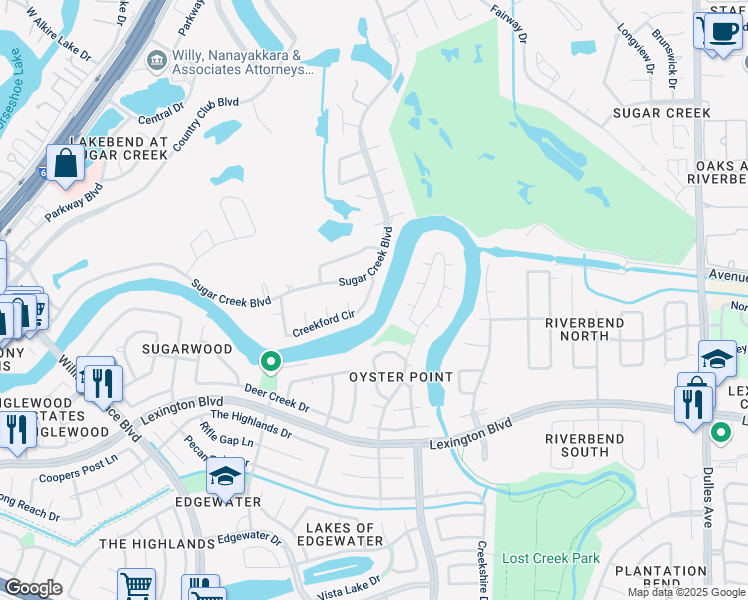 map of restaurants, bars, coffee shops, grocery stores, and more near 1223 Creekford Circle in Sugar Land