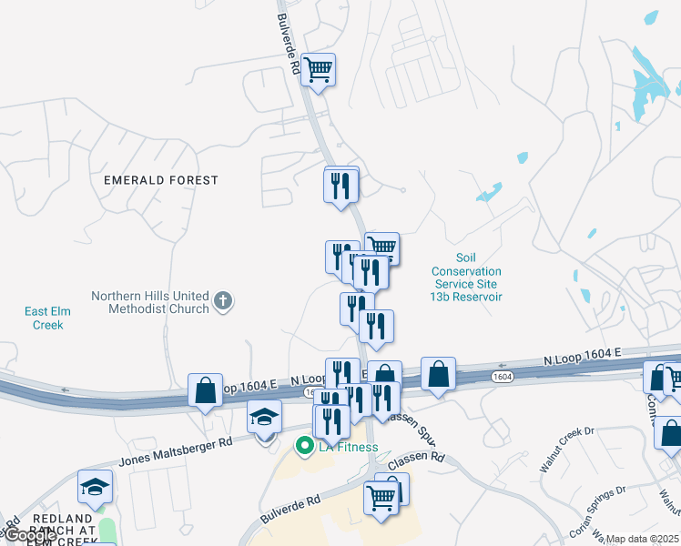 map of restaurants, bars, coffee shops, grocery stores, and more near 18054 Bulverde Road in San Antonio