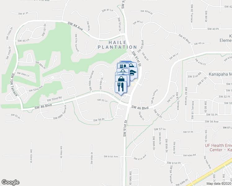 map of restaurants, bars, coffee shops, grocery stores, and more near 5219 Southwest 92nd Court in Gainesville