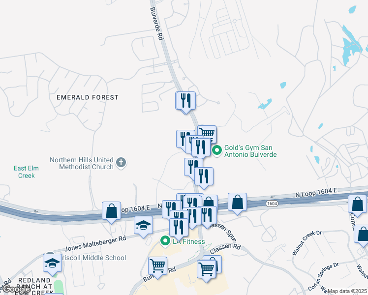 map of restaurants, bars, coffee shops, grocery stores, and more near 18054 Bulverde Road in San Antonio