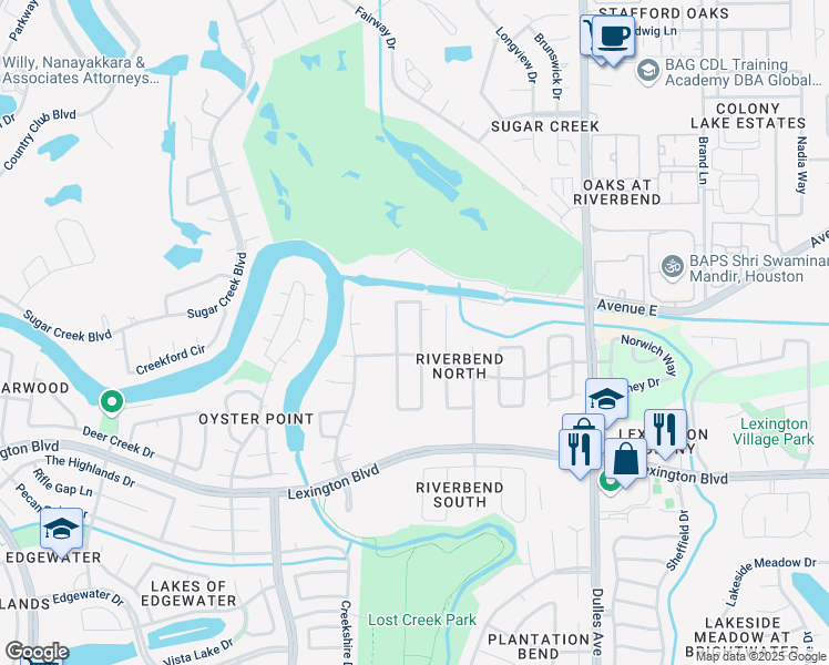 map of restaurants, bars, coffee shops, grocery stores, and more near 1315 North Medio River Circle in Sugar Land