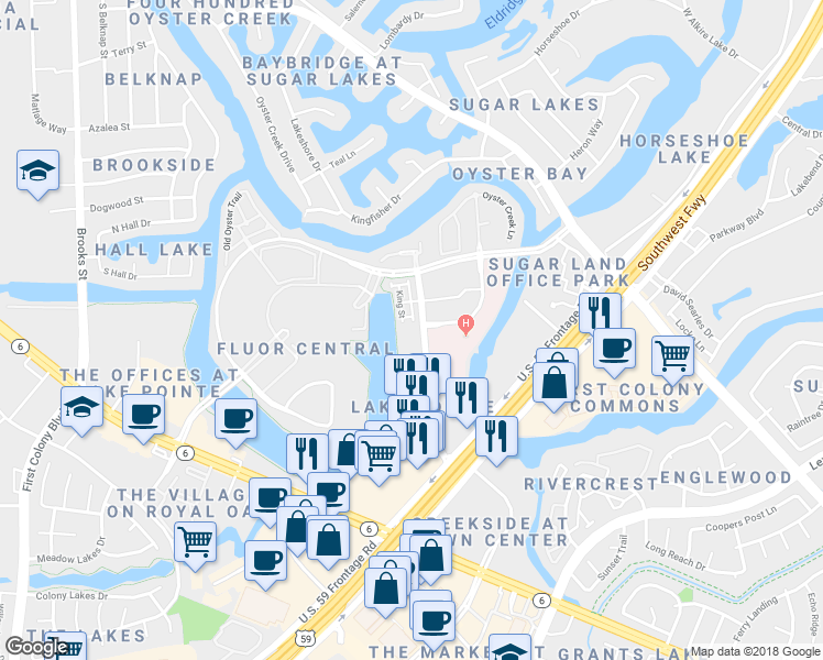 map of restaurants, bars, coffee shops, grocery stores, and more near 1324 Lake Pointe Parkway in Sugar Land