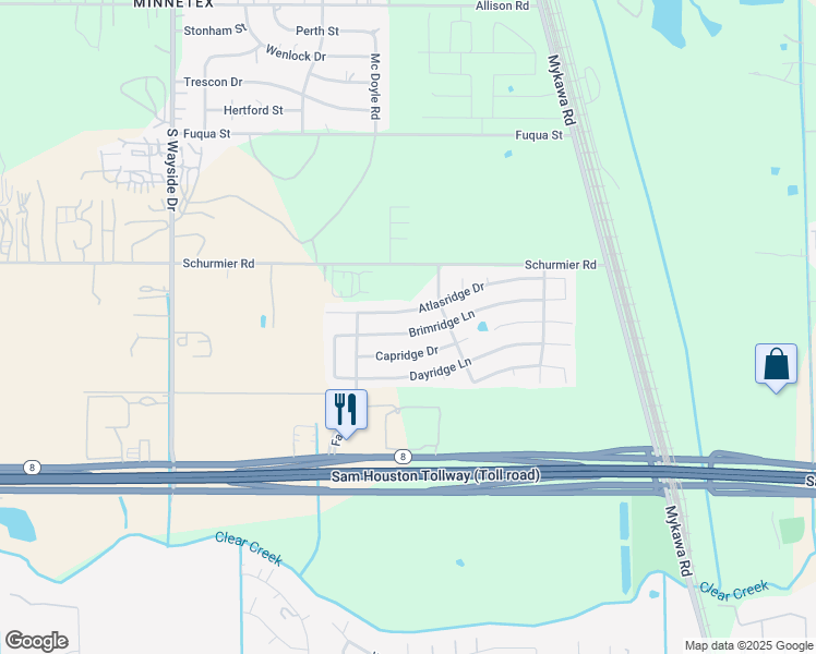 map of restaurants, bars, coffee shops, grocery stores, and more near 6507 Brimridge Lane in Houston