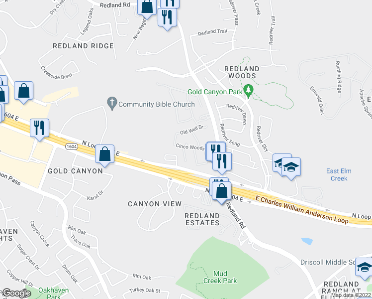 map of restaurants, bars, coffee shops, grocery stores, and more near 18026 Cerca Rojo Drive in San Antonio