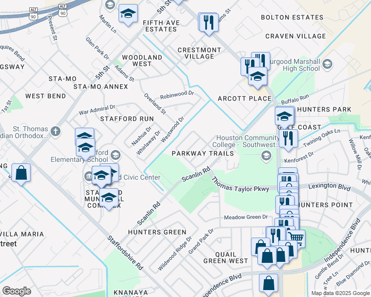 map of restaurants, bars, coffee shops, grocery stores, and more near 1942 Robcrest Way in Missouri City