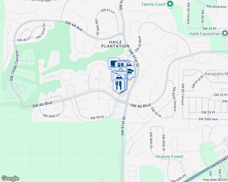 map of restaurants, bars, coffee shops, grocery stores, and more near 5217 Southwest 92nd Court in Gainesville