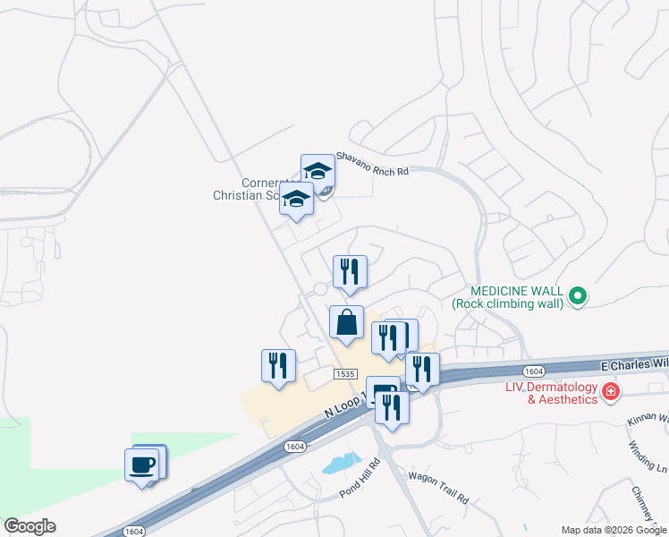map of restaurants, bars, coffee shops, grocery stores, and more near 17910 Camino Grande in San Antonio