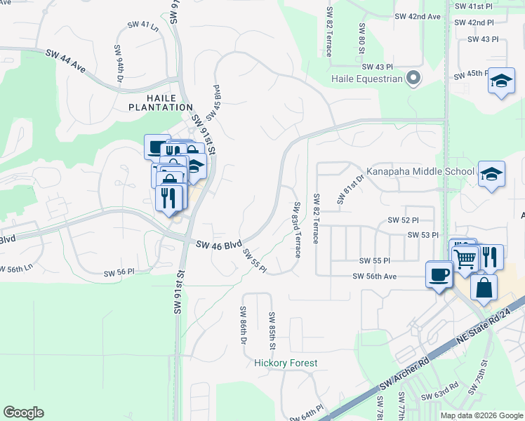 map of restaurants, bars, coffee shops, grocery stores, and more near 5207 Southwest 86 Terrace in Gainesville