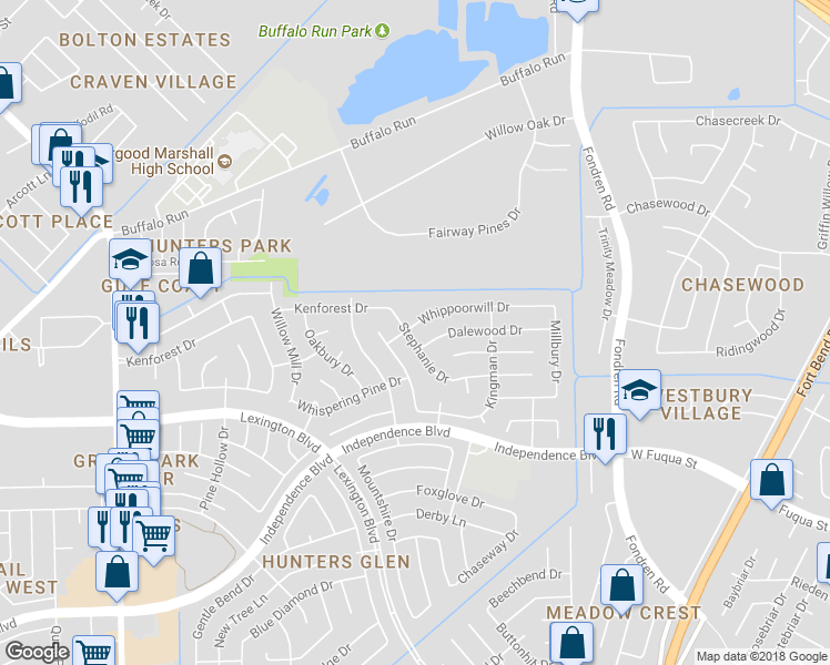 map of restaurants, bars, coffee shops, grocery stores, and more near 731 Whippoorwill Drive in Missouri City