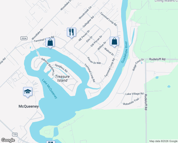 map of restaurants, bars, coffee shops, grocery stores, and more near 1713 Terminal Loop Road in McQueeney