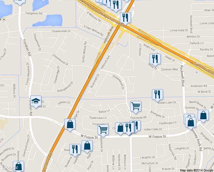 map of restaurants, bars, coffee shops, grocery stores, and more near 7139 Chasewood Drive in Missouri City