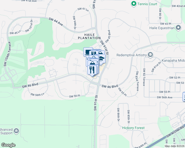 map of restaurants, bars, coffee shops, grocery stores, and more near 5217 Southwest 92nd Court in Gainesville