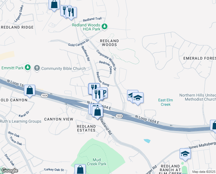 map of restaurants, bars, coffee shops, grocery stores, and more near 18027 Redriver Song in San Antonio