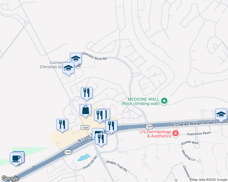 map of restaurants, bars, coffee shops, grocery stores, and more near 18015 Camino del Mar in San Antonio