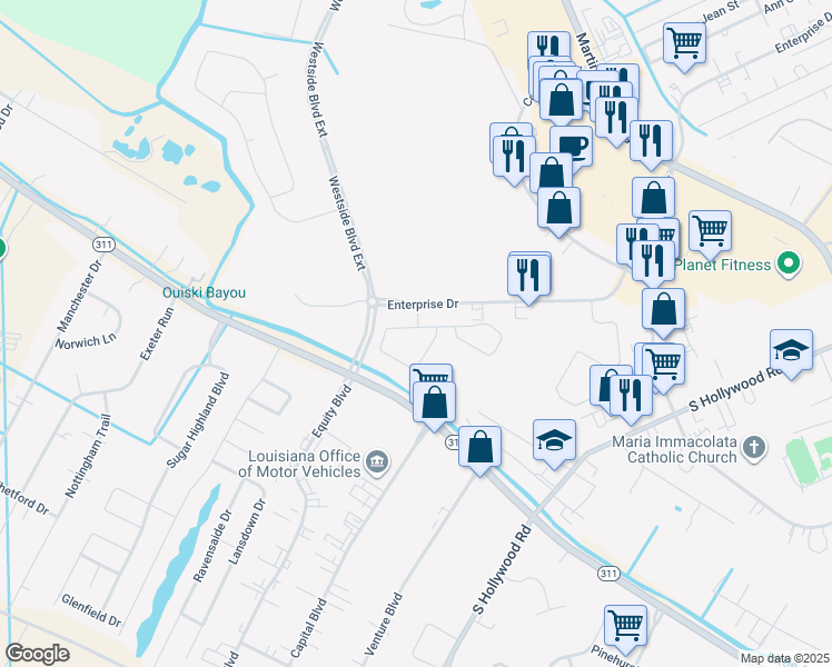 map of restaurants, bars, coffee shops, grocery stores, and more near 100 Cameron Isles Court in Houma