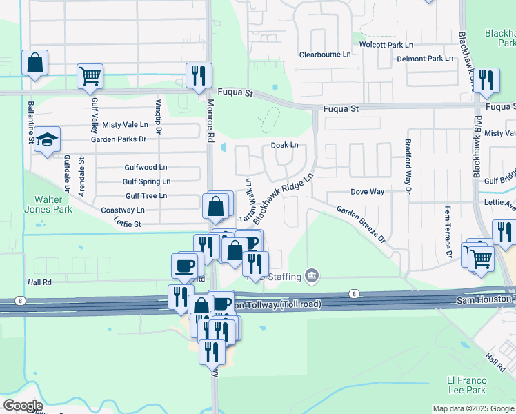 map of restaurants, bars, coffee shops, grocery stores, and more near 8646 Tartan Walk Ln in Houston