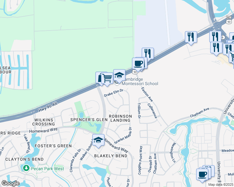 map of restaurants, bars, coffee shops, grocery stores, and more near 202 Needleleaf Lane in Sugar Land
