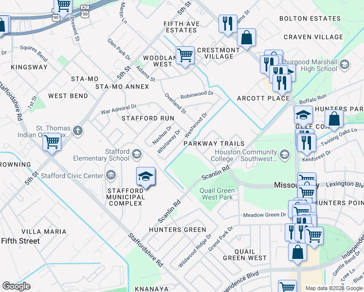 map of restaurants, bars, coffee shops, grocery stores, and more near 1966 Eastmont Lane in Missouri City