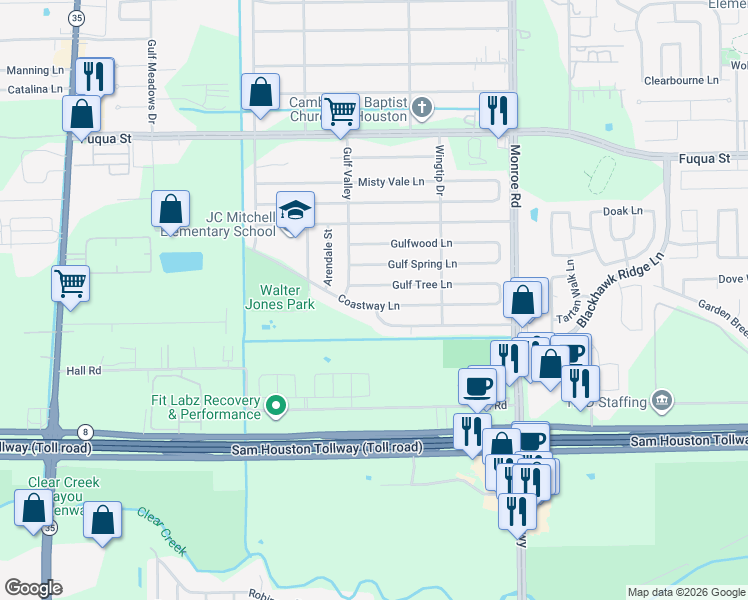 map of restaurants, bars, coffee shops, grocery stores, and more near 8223 Coastway Lane in Houston