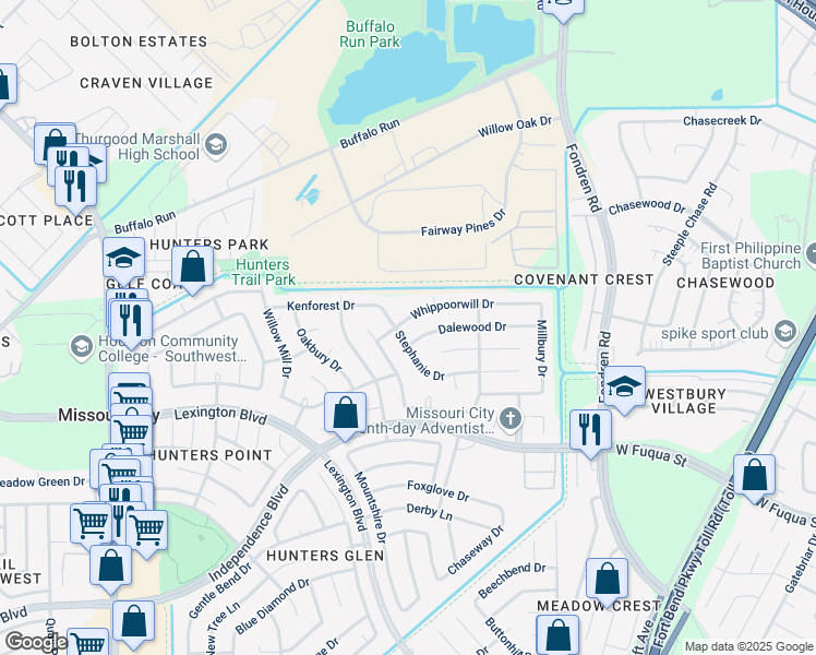 map of restaurants, bars, coffee shops, grocery stores, and more near 731 Whippoorwill Drive in Missouri City