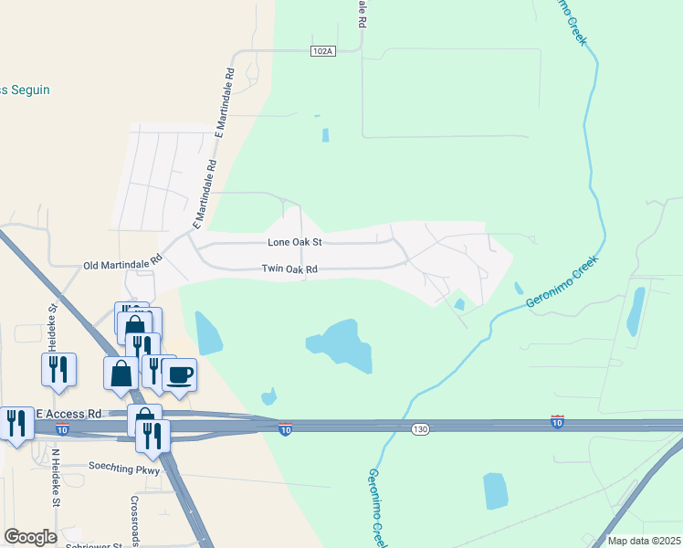 map of restaurants, bars, coffee shops, grocery stores, and more near 309 Twin Oak Road in Seguin