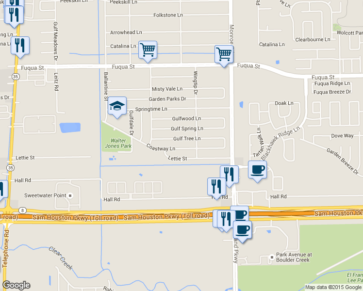 map of restaurants, bars, coffee shops, grocery stores, and more near 8311 Coastway Lane in Houston