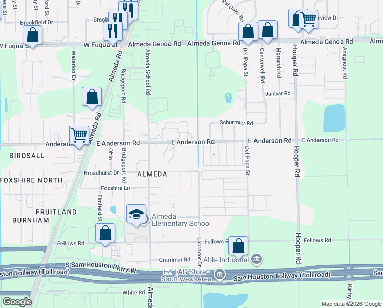 map of restaurants, bars, coffee shops, grocery stores, and more near 565 East Anderson Road in Houston