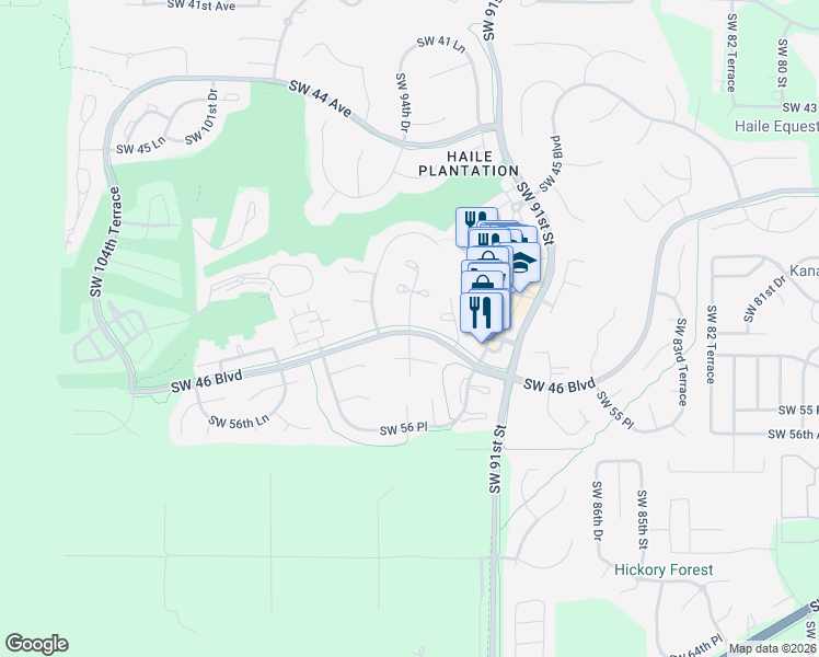 map of restaurants, bars, coffee shops, grocery stores, and more near 5115 Southwest 94 Street in Gainesville
