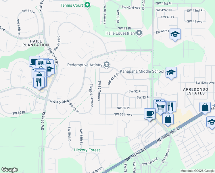 map of restaurants, bars, coffee shops, grocery stores, and more near 5220 Southwest 81 Drive in Gainesville