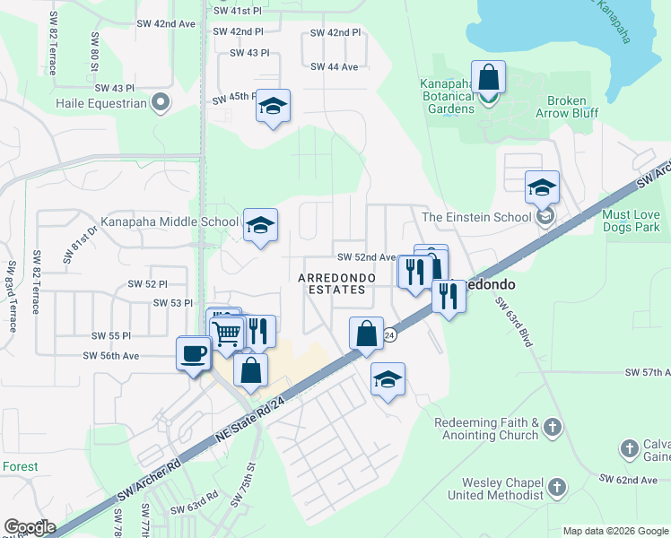 map of restaurants, bars, coffee shops, grocery stores, and more near 6813 Southwest 52nd Avenue in Gainesville