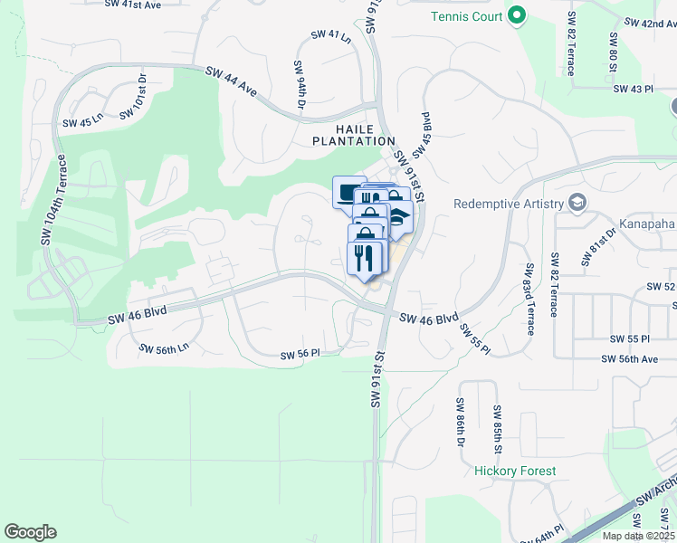 map of restaurants, bars, coffee shops, grocery stores, and more near 5240 Southwest 92nd Court in Gainesville