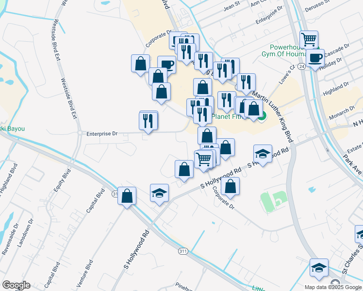 map of restaurants, bars, coffee shops, grocery stores, and more near 423 Belmere Luxury Court in Houma