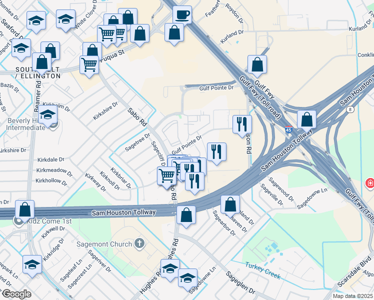 map of restaurants, bars, coffee shops, grocery stores, and more near 11666 Gulf Pointe Drive in Houston