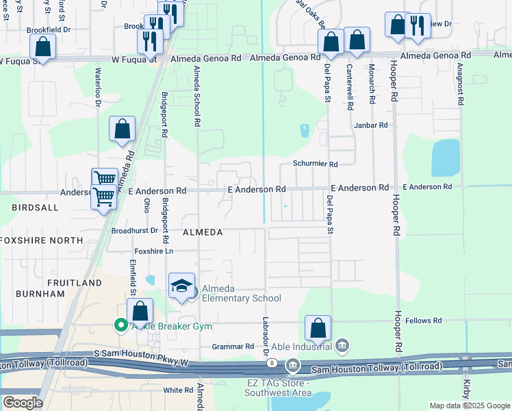 map of restaurants, bars, coffee shops, grocery stores, and more near 565 East Anderson Road in Houston