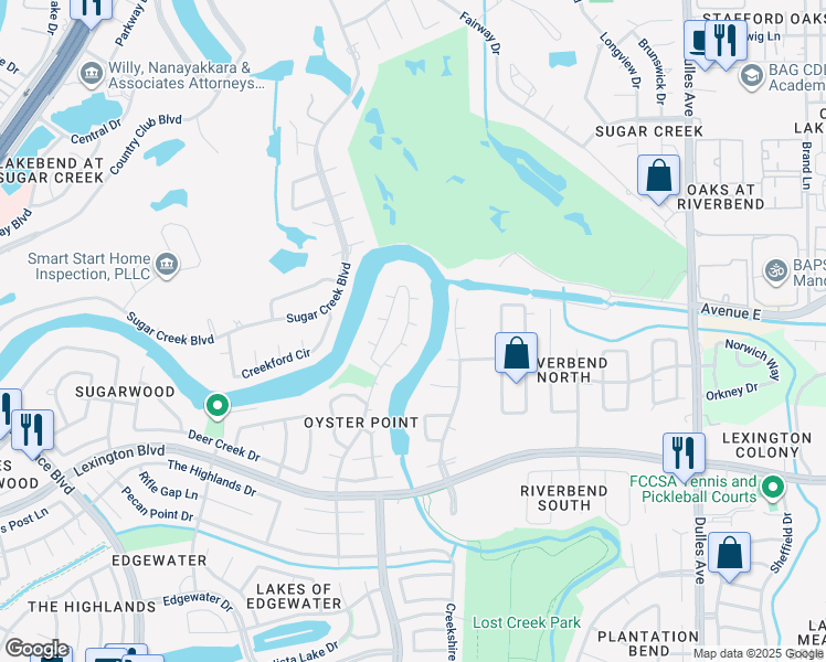 map of restaurants, bars, coffee shops, grocery stores, and more near 1338 Oyster Point Drive in Sugar Land