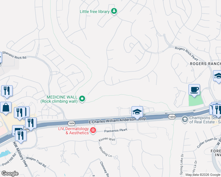 map of restaurants, bars, coffee shops, grocery stores, and more near 3318 Ivory Creek in San Antonio