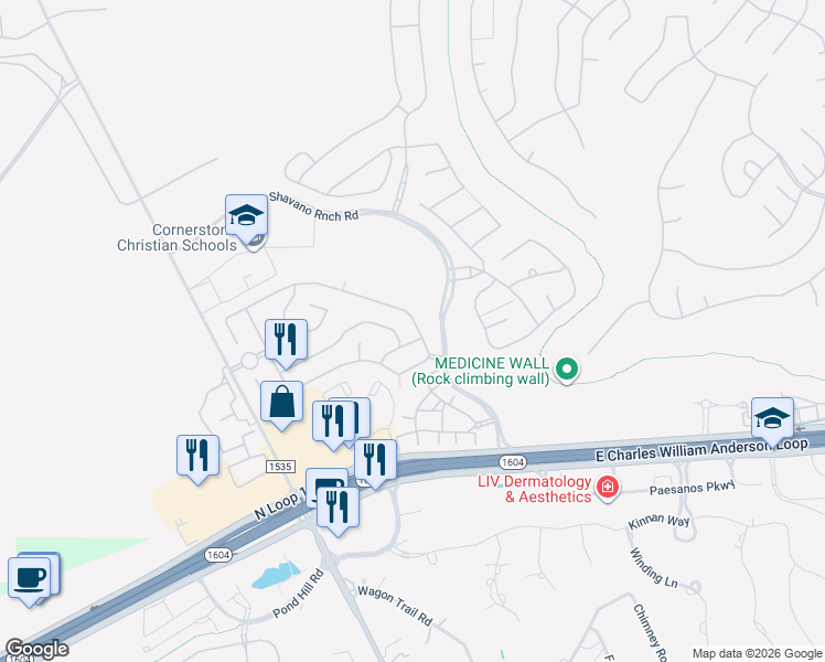 map of restaurants, bars, coffee shops, grocery stores, and more near 17922 Muir Glen Drive in San Antonio