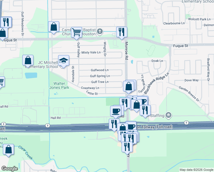 map of restaurants, bars, coffee shops, grocery stores, and more near 8403 Coastway Lane in Houston
