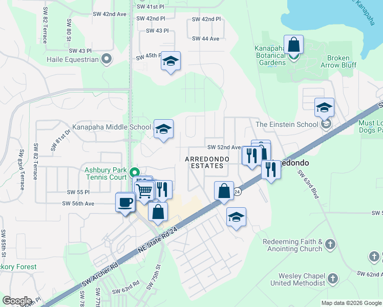 map of restaurants, bars, coffee shops, grocery stores, and more near 5219 Southwest 70th Terrace in Gainesville