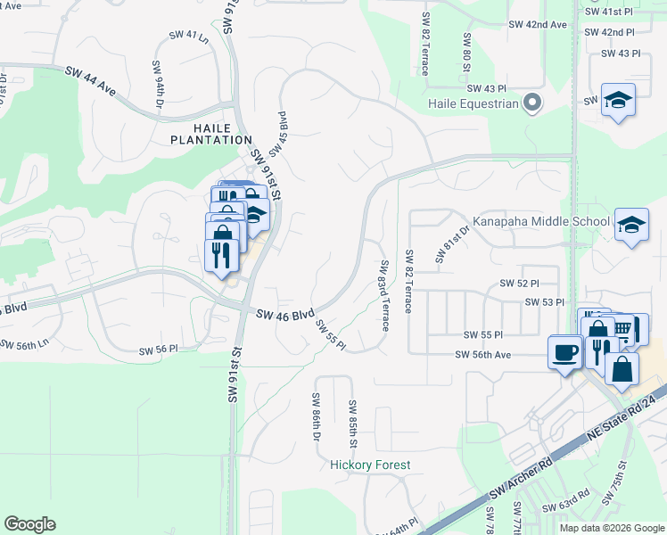 map of restaurants, bars, coffee shops, grocery stores, and more near 5207 Southwest 86 Terrace in Gainesville