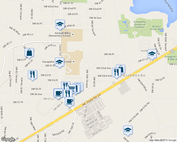 map of restaurants, bars, coffee shops, grocery stores, and more near 5219 Southwest 70th Terrace in Gainesville