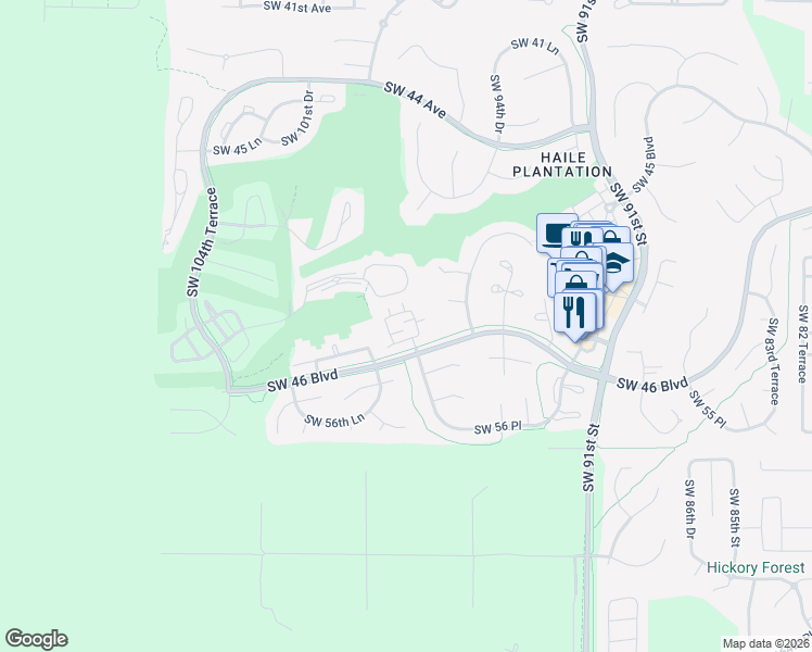 map of restaurants, bars, coffee shops, grocery stores, and more near 5274 Southwest 97 Drive in Gainesville