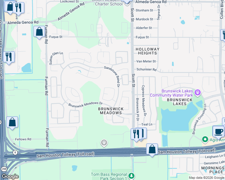 map of restaurants, bars, coffee shops, grocery stores, and more near 3234 Naples Grove Lane in Houston