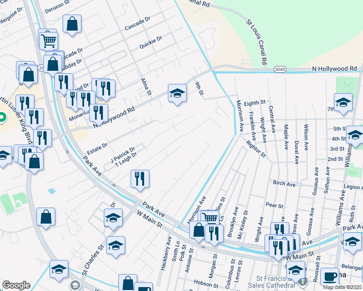 map of restaurants, bars, coffee shops, grocery stores, and more near 312 St Paul St in Houma