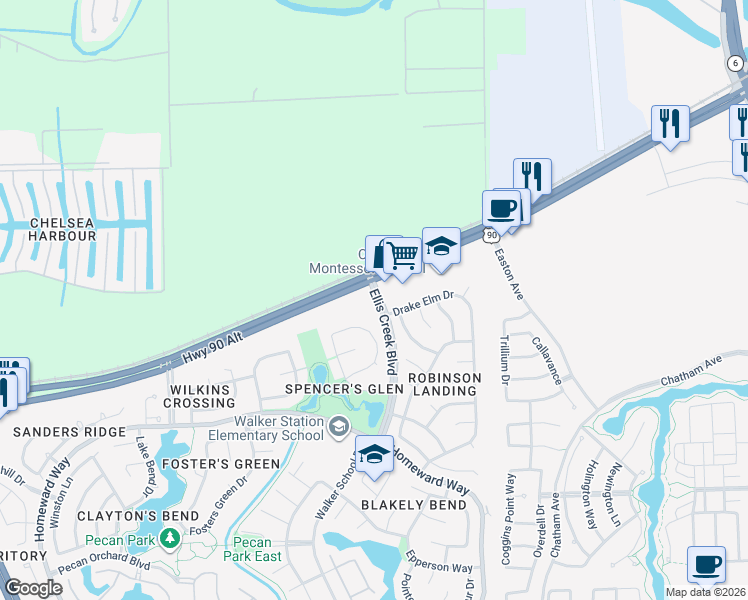 map of restaurants, bars, coffee shops, grocery stores, and more near 150 Ellis Creek Boulevard in Sugar Land