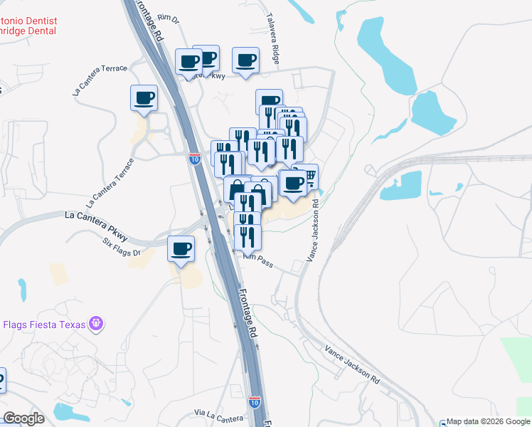 map of restaurants, bars, coffee shops, grocery stores, and more near 17414 La Cantera Parkway in San Antonio