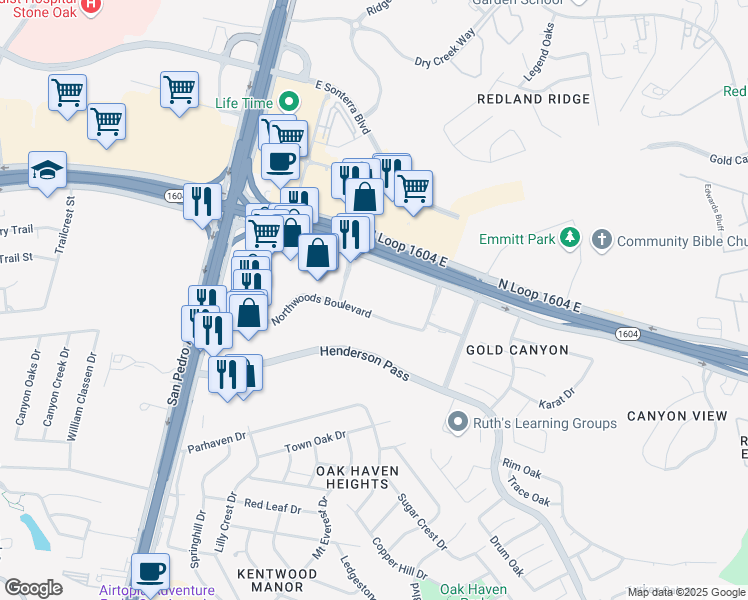 map of restaurants, bars, coffee shops, grocery stores, and more near 1950 North Loop 1604 West in San Antonio