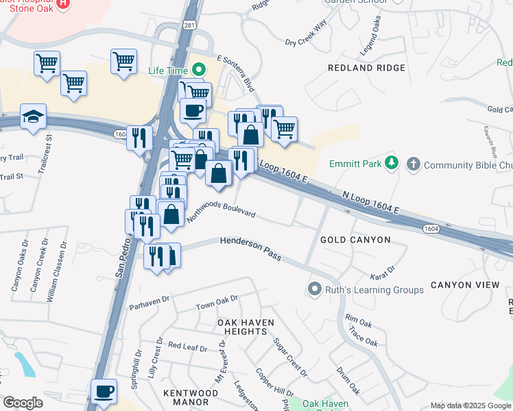map of restaurants, bars, coffee shops, grocery stores, and more near 17530 Henderson Pass in San Antonio