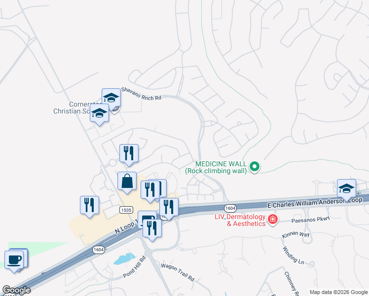 map of restaurants, bars, coffee shops, grocery stores, and more near 17922 Muir Glen Drive in San Antonio
