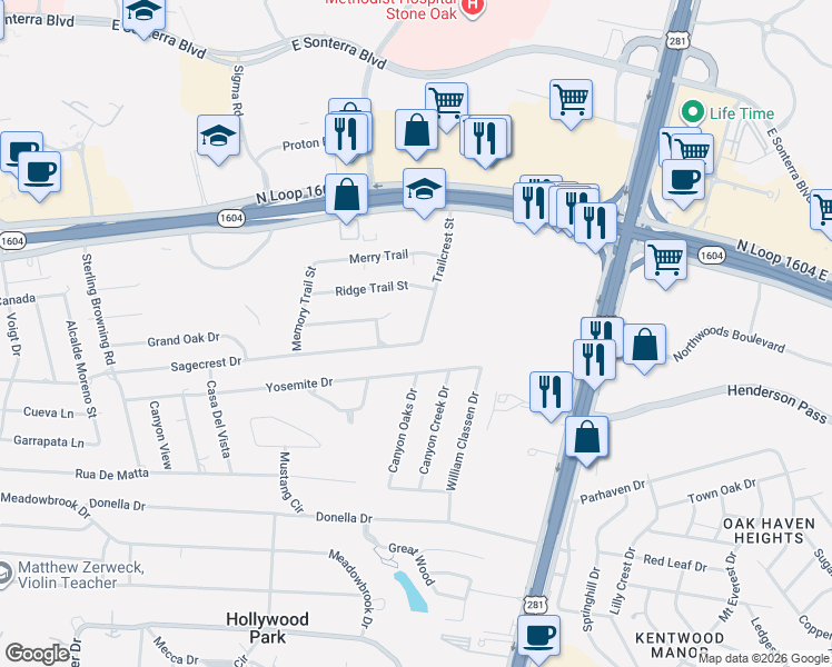 map of restaurants, bars, coffee shops, grocery stores, and more near 113 Trailcrest Street in San Antonio